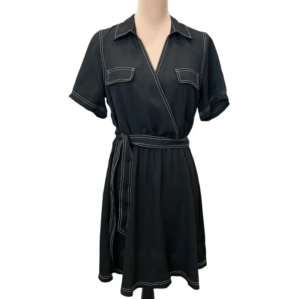 Vince Camuto Belted Faux Wrap Shirt Dress Contrast Stitch Black White M NWT